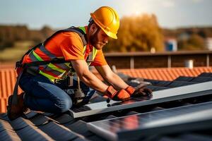 solar poder engenheiro instalando solar painéis em a teto. generativo ai foto