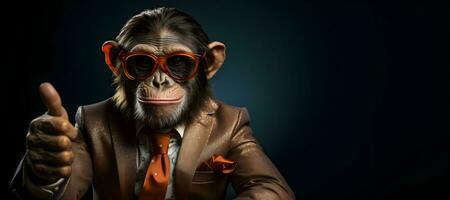 retrato do uma macaco dentro terno e óculos mostrando polegares up.generative ai foto
