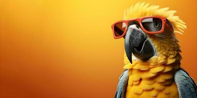 criativo animal conceito. uma papagaio vestindo oculos de sol em a laranja fundo, digital arte, lapidado, cópia de espaço. generativo ai foto