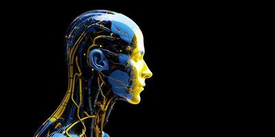 lado Visão do uma humanóide cabeça com azul e amarelo olhos e vibrante néon neural rede, representando futurista tecnologia e artificial inteligência. generativo ai foto
