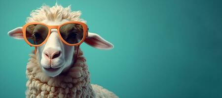 criativo animal conceito. uma ovelha vestindo oculos de sol em uma azul fundo, digital arte, lapidado, cópia de espaço. generativo ai foto