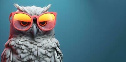 criativo animal conceito.an coruja vestindo oculos de sol em uma azul fundo, digital arte, lapidado, cópia de espaço. generativo ai foto