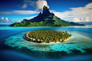 tropical ilha com Palma árvores e pequeno ilha dentro a oceano, bora bora aéreo visualizar, taiti francês Polinésia, ai gerado foto