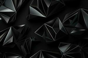 abstrato 3d Renderização do caótico baixo poli forma. futurista fundo projeto, Preto cinzento fundo com cristais, triângulos. 3d ilustração, ai gerado foto