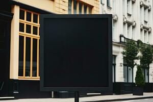 em branco Preto Painel publicitário em cidade rua. zombar acima, 3d Renderização, Preto quadrado tabuleta brincar lado de fora do uma prédio, ai gerado foto