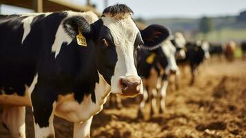 Preto e branco vacas com números comendo Relva dentro baias e jovem Fazenda trabalhadores em pé e comunicando às fundo. agricultura e moderno vaca Fazenda conceito foto