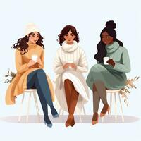 uma ilustração arte fêmea grupo bebendo café em branco fundo foto