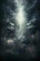 místico luz feixes piercing através denso nuvens fundo com esvaziar espaço para texto foto