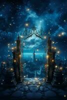 luminescente celestial portões no meio estrelado noite céu fundo com esvaziar espaço para texto foto
