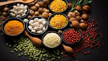 diferente tipo do cru seco legumes composição. branco feijões, lentilhas, bulgur, grão de bico, rim feijões, milhos, arroz foto