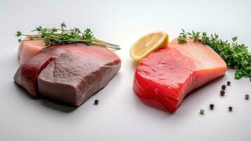 carne bovina, salmão, e jardim fresco legumes apresentado contra uma branco fundo. generativo ai foto