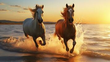 dois cavalos corrida ao longo costa pôr do sol fundo, lindo cavalos graça do cavalo-vapor em Beira Mar praia, generativo ai foto