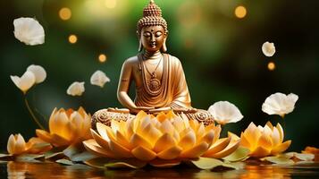 Buda estátua água lótus, Buda em pé em lótus flor em laranja fundo foto