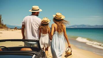 jovem família com menina em a praia, traseiro visualizar. viagem e verão período de férias conceito. generativo ai foto