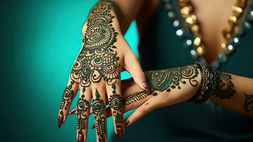 mulher mãos com Preto mehndi tatuagem. mãos do indiano noiva menina com Preto hena tatuagens. mão com perfeito turquesa manicure e nacional indiano jóias foto