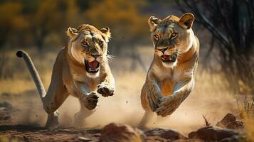 feroz leoas se empenhar dentro uma emocionante natural predatório duelo foto