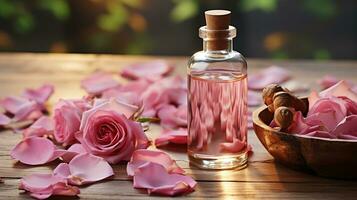 Rosa rosa flor e vidro do garrafa essencial óleo ou rosa água com rosa pétalas, spa e aromaterapia Cosmético conceito foto