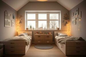 simplicidade e estilo. crianças quarto oásis com dual camas e caloroso madeira tons. generativo ai foto