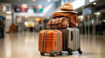 terminal caminhada, Viajantes carrinho com chapéu e bagagem conjuntos a cena foto