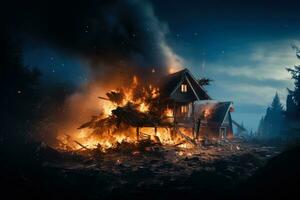 destruído solteiro família casa conseqüência isolado em uma gradiente crepúsculo fundo foto