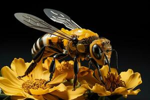 robótico abelha polinizador pairando sobre uma flor isolado em uma branco fundo foto