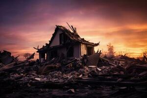 destruído solteiro família casa conseqüência isolado em uma gradiente crepúsculo fundo foto