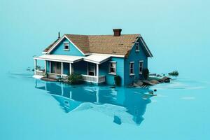 inundar estragado suburbano casa isolado em uma gradiente azul fundo foto