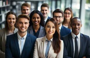 uma diverso grupo do o negócio pessoas poses para uma profissional equipe foto, exalando confiança e profissionalismo, ai generativo foto