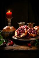 rosh Hashaná - a conceito do a judaico feriado do a Novo ano. tigela do maçã com mel, romã e velas estão tradicional símbolos do a feriado foto