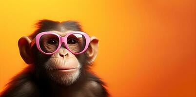 criativo animal conceito. uma macaco vestindo Rosa óculos em a laranja fundo , digital arte, lapidado, cópia de espaço. generativo ai foto