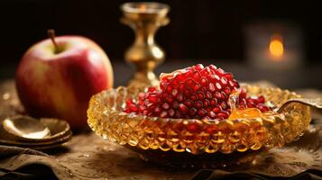 rosh Hashaná - judaico Novo ano feriado conceito. tigela a maçã com mel, romã estão tradicional símbolos do a feriado foto