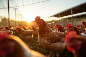retrato do uma frango Fazenda dentro a manhã com Sol exposição ai generativo foto