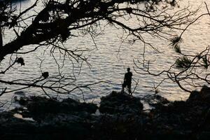 homem retroiluminado com uma pescaria Cajado dentro a mar foto