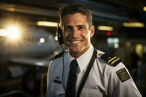 uma piloto homem retrato com avião em a fundo foto