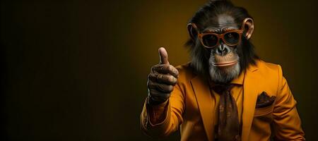 retrato do uma macaco dentro terno e óculos mostrando polegares up.generative ai foto