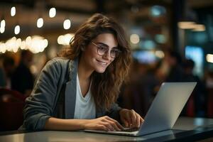 uma menina usando computador portátil para trabalhos ou explorando sites em a Internet foto