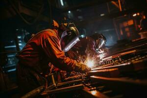 Soldagem equipe usando segurança engrenagem produzindo metal juntas dentro pesado indústria foto