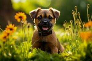 fronteira terrier cachorro jogando alegremente em a exuberante verde Relva foto