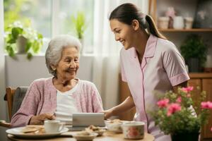 regular casa Verifica ups de cuidador para Senior mulher bem estar foto