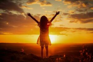 pré-adolescente menina silhueta com elevado mão sobre pôr do sol céu abraçando natureza foto