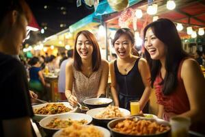 grupo do jovem fêmea amigos comendo alegremente às uma rua Comida mercado foto