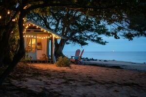 chalé casa para uma restaurante em a de praia com brilhante luzes foto