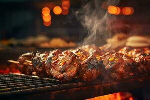 delicioso grelhado carne ou carne de porco sobre uma carvão grade às a rua Comida mercado foto