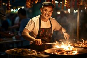 local masculino chefe de cozinha alegremente cozinheiros às rua Comida mercado foto