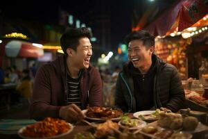 grupo do jovem masculino amigos comendo alegremente às uma rua Comida mercado foto