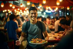 uma homem comendo alegremente às uma rua Comida mercado foto