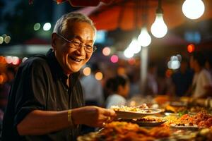 uma Senior homem comendo alegremente às uma rua Comida mercado foto