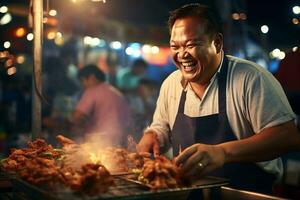 uma homem comendo alegremente às uma rua Comida mercado foto