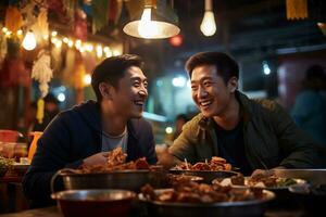 grupo do jovem masculino amigos comendo alegremente às uma rua Comida mercado foto