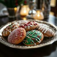 delicioso Natal biscoitos arranjado em uma prato foto